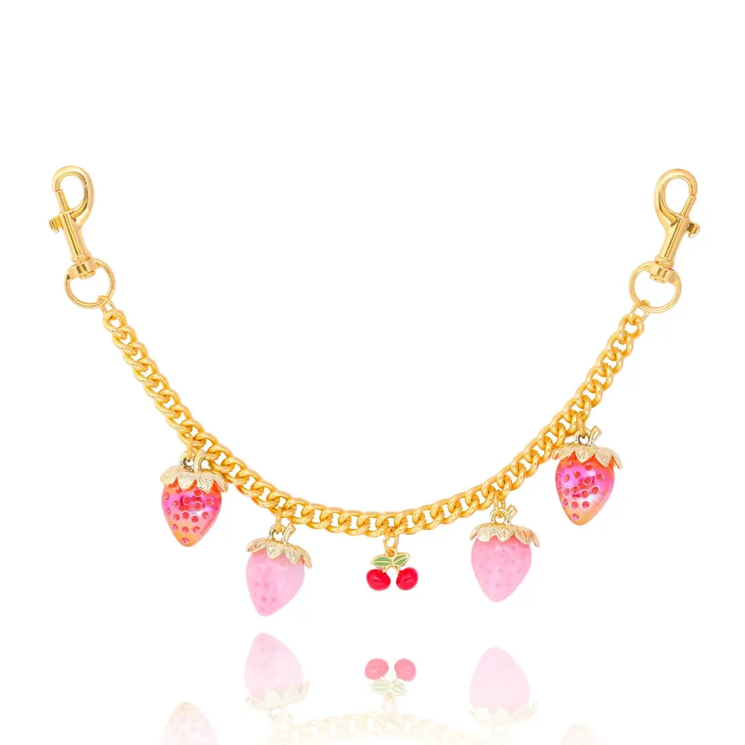 Women's Luxe Strawberry & Cherry Bag Charm for Purses, 11.5in Gold Tone Resin Chain for Handbags with Secure Latch Hook, Purse Charms For Handbags, Strawberry Bag Charms