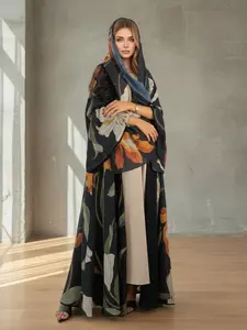 Women's Elegant Modest Islamic Two-Piece Set with Scarf, Open-Print Long Robe, Loose-Fit Woven Fabric, Abaya Dress Set, All Seasons Fashionable Clothing, Abaya Hijab Set