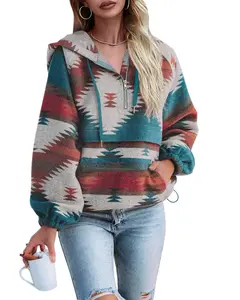Imily Bela Womens Aztec Half Zip Up Hoodies Sweatshirt Casual Long Sleeve Oversized Ethnic Tribal Hooded Pullover Shirt Top