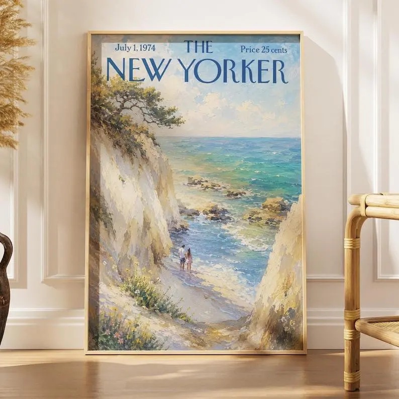 Vintage New Yorker Coastal Cove Poster, Hidden Beach Print