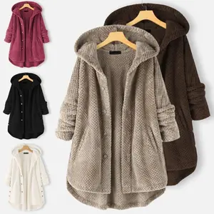 Women's Textured Plush Teddy Hooded Jacket Warm & Comfortable Button-Front with Pockets Relaxed Fit Winter Coat / Fall Casual Outdoor Fashion Piece