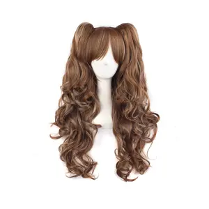 Multi-color Lolita Long Curly Clip on Ponytails Cosplay Wig (Brown/Khaki)