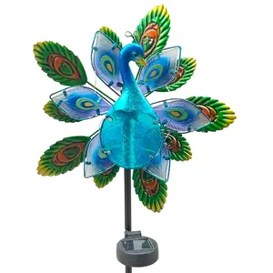 Livfineseason Peacock Wind Spinner Garden Decor, Solar Lighted Pathway Stake Yard Art Spinners, Wind Sculptures Garden Landscape Lights Decorations, Solar Powered Path Lights Kinetic Metal Wind Catcher for Outside