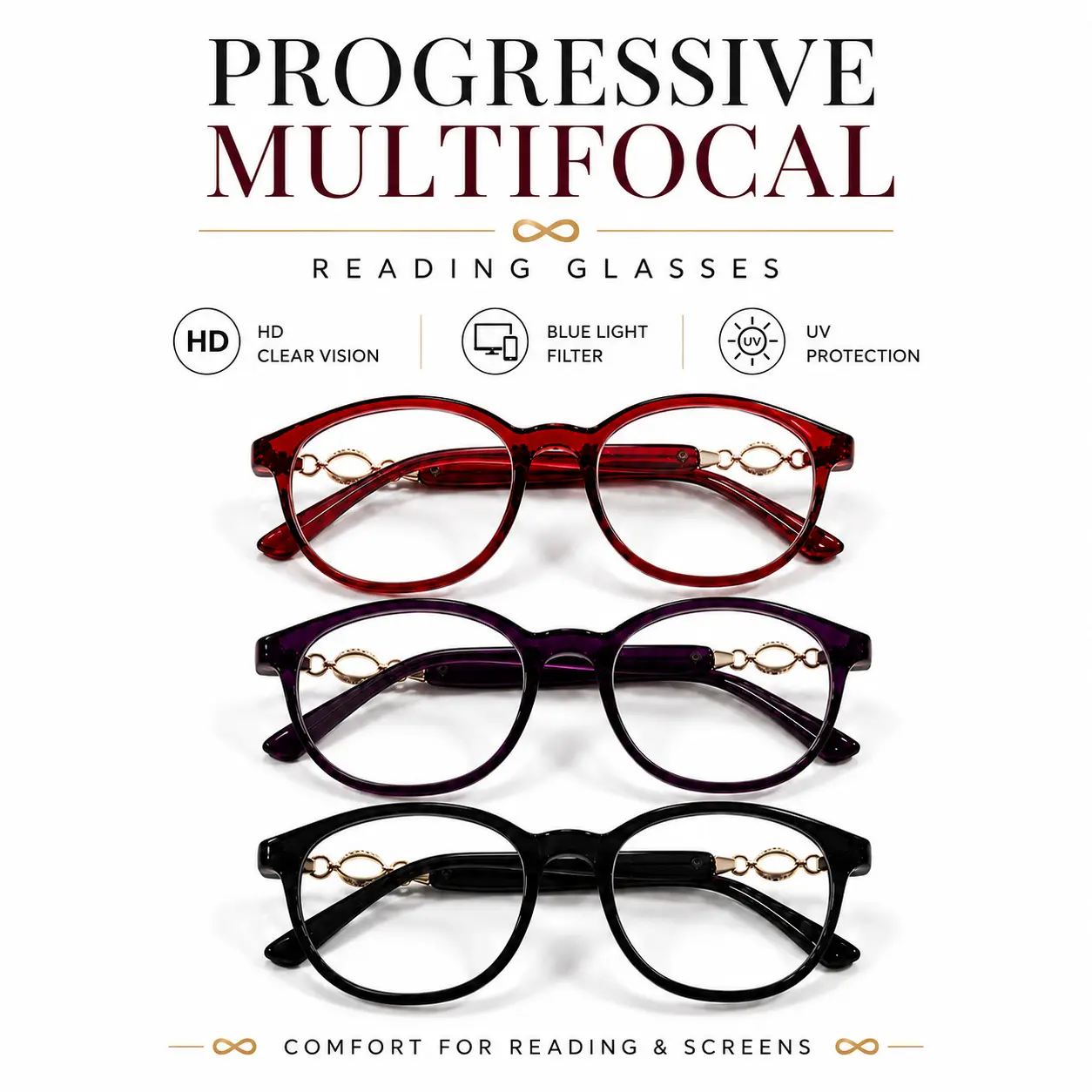 Progressive Multifocal Reading Glasses for Women, HD Clear Lens Blue Light Filtering Readers with UV Protection, Lightweight Stylish Frames for Reading & Screen Use