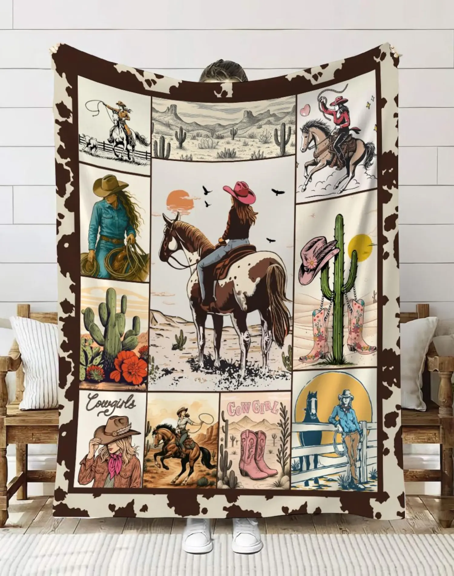 Retro Cowgirl Flannel Blanket, Western Rodeo Cow Print Patchwork Throw Blanket, Vintage Desert Cactus Horse Print Cozy Decor Blanket For Sofa Bed Daily Use