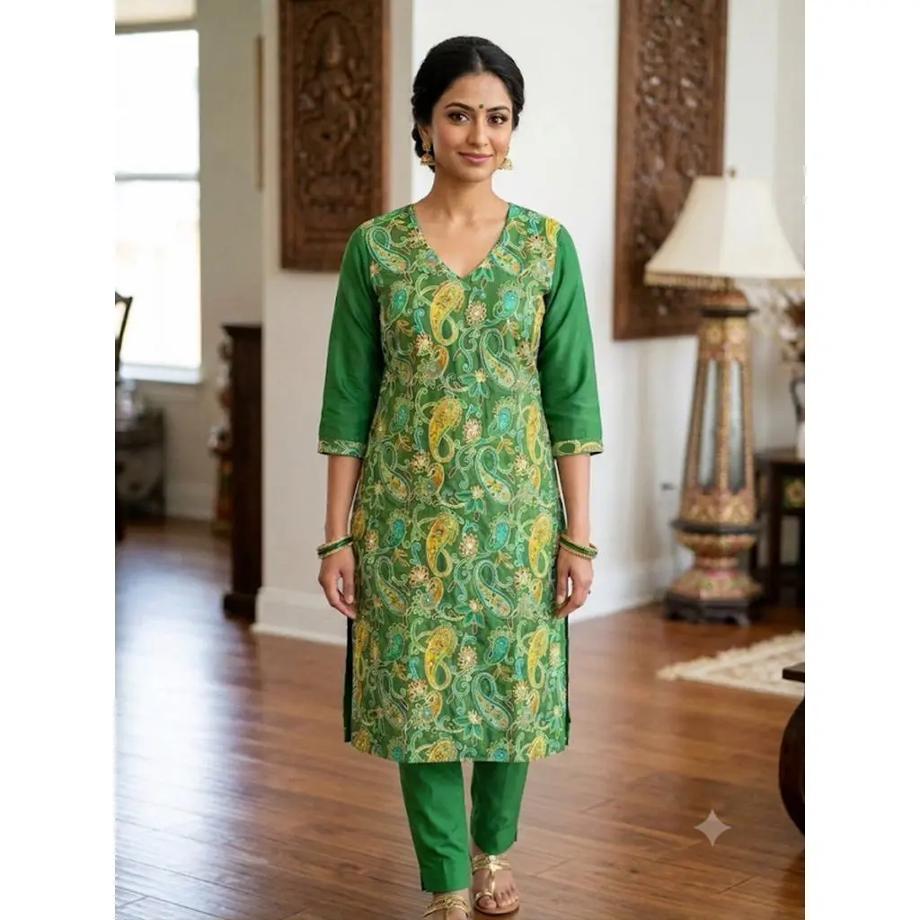 Women's Green Paisley Print Kurta Set Elegant Two-Piece Outfit Ethnic Wear Trousers and Casual Kurti Set Traditional Festive Wear M-38" L-40" XL-42" XXL-44"