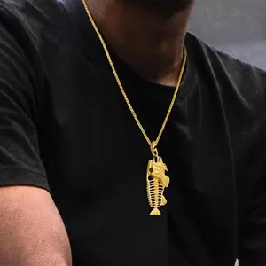 U7 Fish Skeleton Pendant Necklace Jewelry For Unisex Stainless Steel