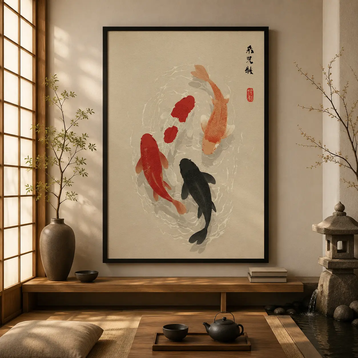 Japanese Koi Fish Canvas Print, Minimalist Asian Zen Pond Painting, Neutral Japandi Wall Art, Tranquil Oriental Decor for Living Room Bathroom Bedroom