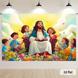 1pc Jesus with Children in Flowery Meadow Polyester Banner - Vibrant 2D Flat Religious Wall Decor for Easter, Spring & Summer Parties, Home & Room Decoration, Durable Photo Backdrop, Religious Wall Art, Easter Decoration, Highquality Print, Decorative Bac