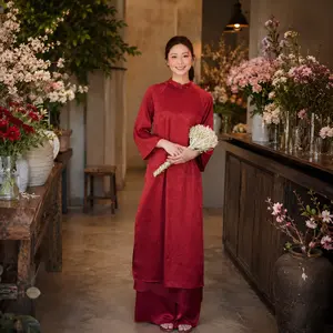 Deep Red Silk Ao Dai Dress, Traditional Asian Gown, Floral Jacquard Maxi Tunic, Wedding Guest Attire, Lunar New Year Cultural Outfit