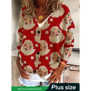 Plus Size Women's Knit Cardigan, V Neck Santa Print Loose Fit Button Front Long Sleeve Sweater, Casual Winter Fashion Outerwear Knitting Sweater Cardigan