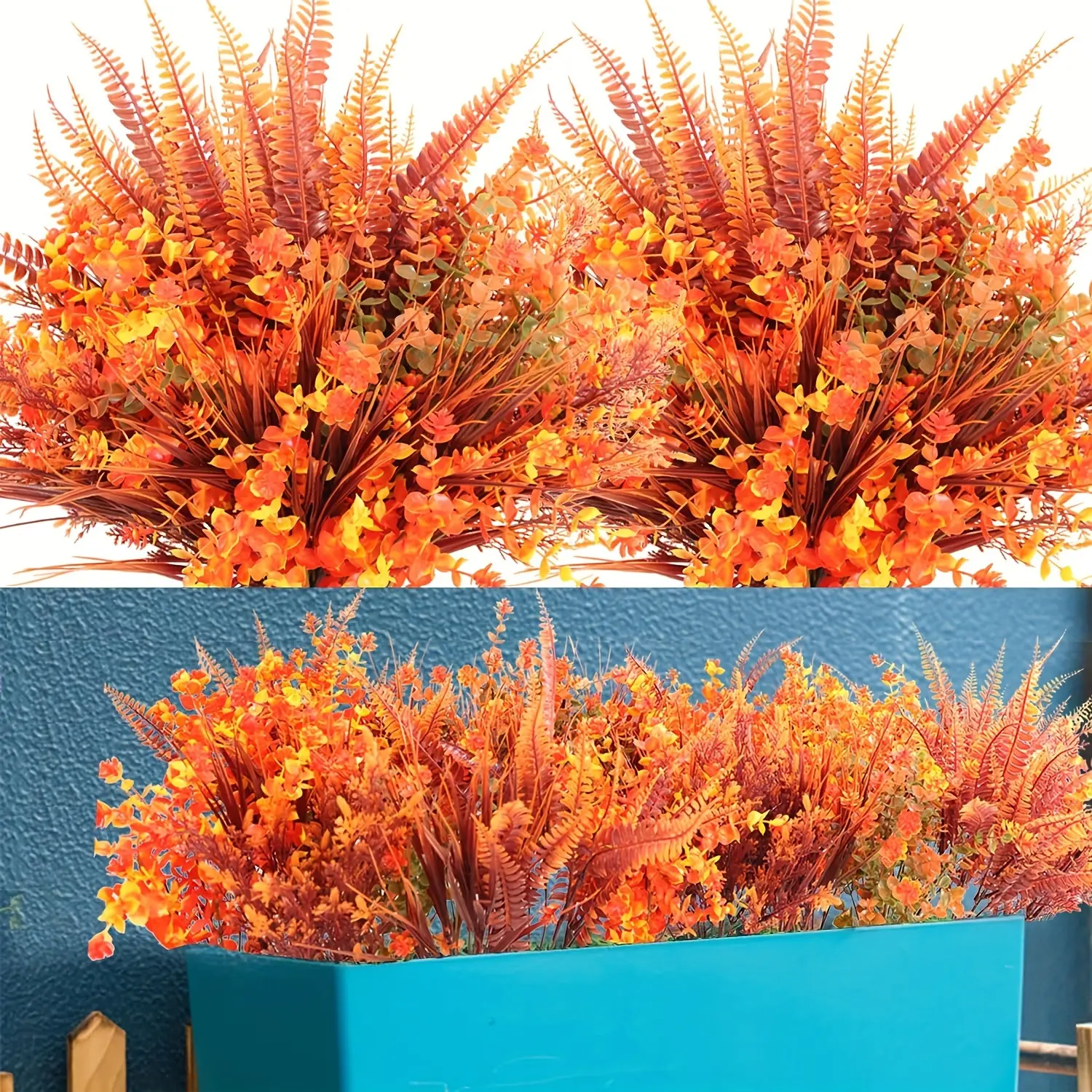 10 Bundles Artificial Fall Flowers for Outdoors Fake Mums Boston Ferns Plants Plastic Floral Plant UV Resistant Plastic Plants Shrubs Bushes for Home Fall Front Door Porch Garden Autumn Decor Plastic Fake Greenery (Mixed color)