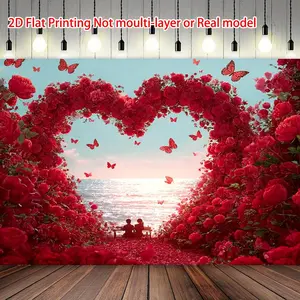 1PC Polyester 2D Flat Romantic Heart-Shaped Rose Ocean Backdrop - Summervibes Valentine's Day Couple Photography Background, Wedding Party Decoration Banner, Birthday Supply