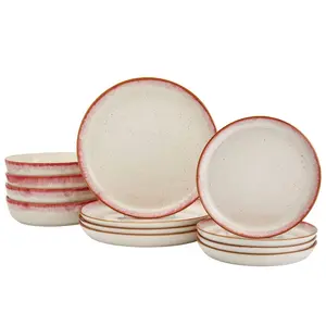 12pc Stoneware Hanover Dinnerware Set Cream/Red - Tabletops Gallery: Ombre Design, Service for 4, Dishwasher & Microwave Safe