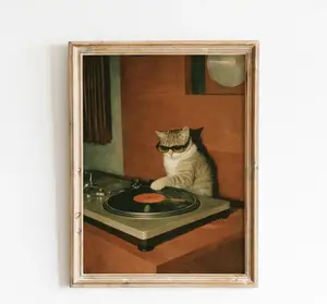 DJ Cat Vinyl Poster – Retro Turntable Music Wall Art
