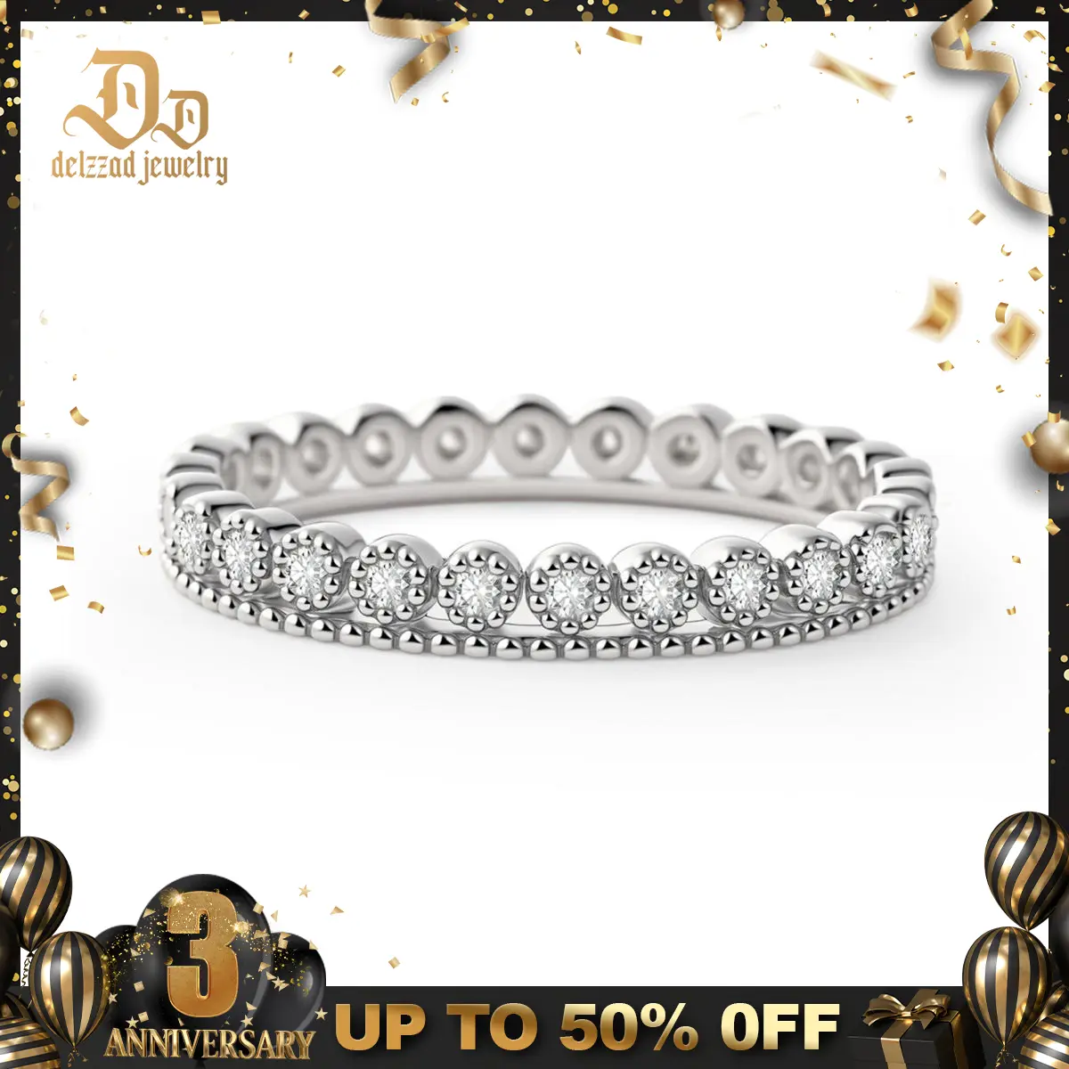 Delzzad 14K Gold-Plated Morning Dewdrop Ring Vintage Double Row Eternity Wedding Band Ring VVS Synthetic Moissanite Ring Jewelry Perfect Birthday Engagement Wedding Anniversary Christmas Gift Duchess Cut Ring Solitaire Stackable
