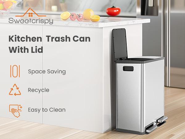 Dual Compartment 16 Gallon Stainless Steel Kitchen Trash Can with Lid and Step Pedals,Fingerprint Proof Garbage Bin for Home and Office