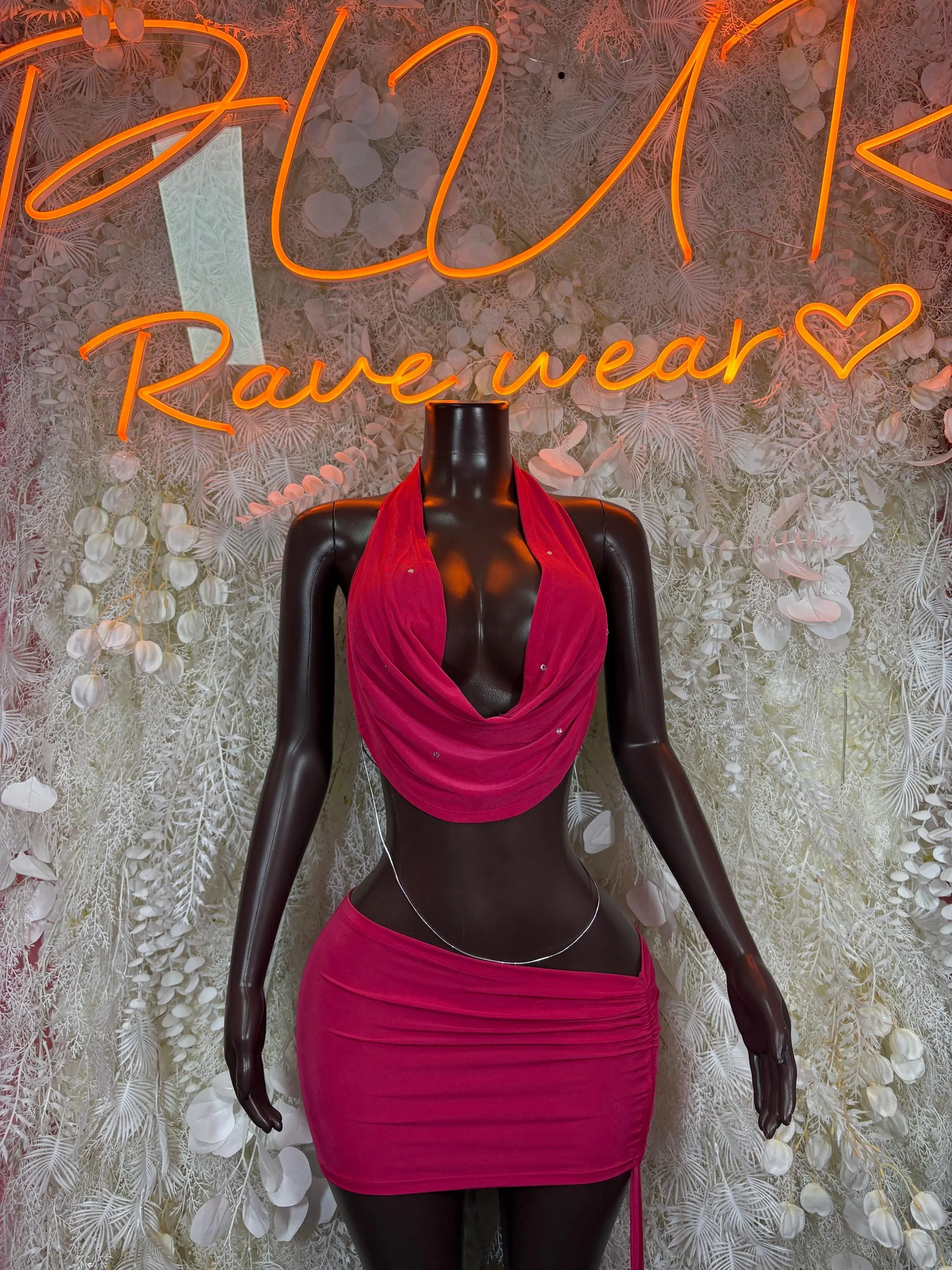Burgundy Rhinestone Halter Top Ruched Mini Skirt Set, Rave Festival Clubwear