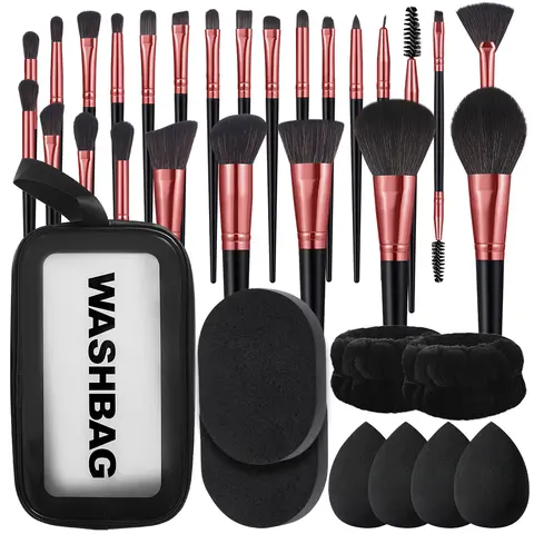 34-Piece Lightweight Daily Makeup Tool Multi-Pack for Adults - Waterproof, Flawless Smoothing Cosmetic Kit for All Skins with Brushes, Makeup Box, Storage Bag, Beauty Sponges, Hand Bowl Straps, Facial Cleansing Sponges for On-the-Go Use