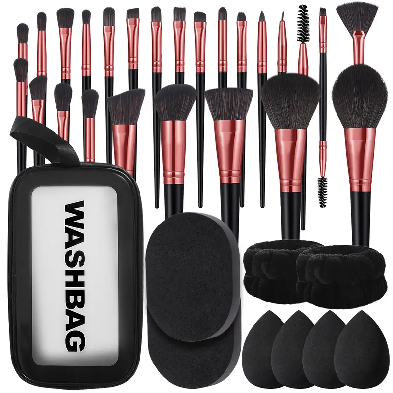 34-Piece Lightweight Daily Makeup Tool Multi-Pack for Adults - Waterproof, Flawless Smoothing Cosmetic Kit for All Skins with Brushes, Makeup Box, Storage Bag, Beauty Sponges, Hand Bowl Straps, Facial Cleansing Sponges for On-the-Go Use