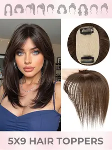Real Human Hair Toppers Suitable for Women with Thin Hair - Natural Hair Piece Topper with Bangs & Center Part, Straight Hair for Instant Volume, Human Hair Extensions