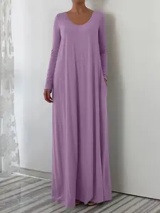 Elegant Casual Commuter Long Sleeve Round Neck Dress for Women, Fall Winter Plain Color Plus Size, Stylish Ladies' Clothing