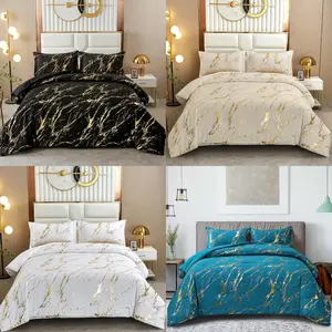 BEDDING Hot Stamping Metallic Marble Comforter Set Queen Foil Print Glitter Bedding Sets with 2 Pillowcases for All Seasons, Soft Microfiber Filling Bedding Duvet Set