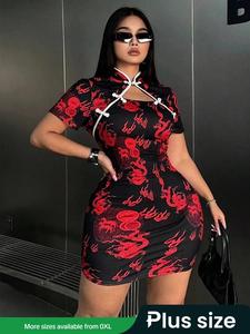 【plus size】 ethnic pattern mandarin collar bodycon dress, elegant short sleeve short dress for party holiday wedding guest, women's clothes for all seasons valentine's day, gift, formal dress hides tummy, womenswear