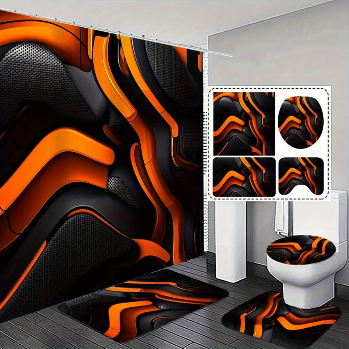 2D Flat, 4pcs Bathroom Set. Fashionable And Easy Stylish Orange And Black Abstract Design 2D FLAT Shower Curtain And Non-Slip Toilet Lid Cover - Perfect for Modern Bathroom Decor Exquisite And Practical Home Decoration Gift