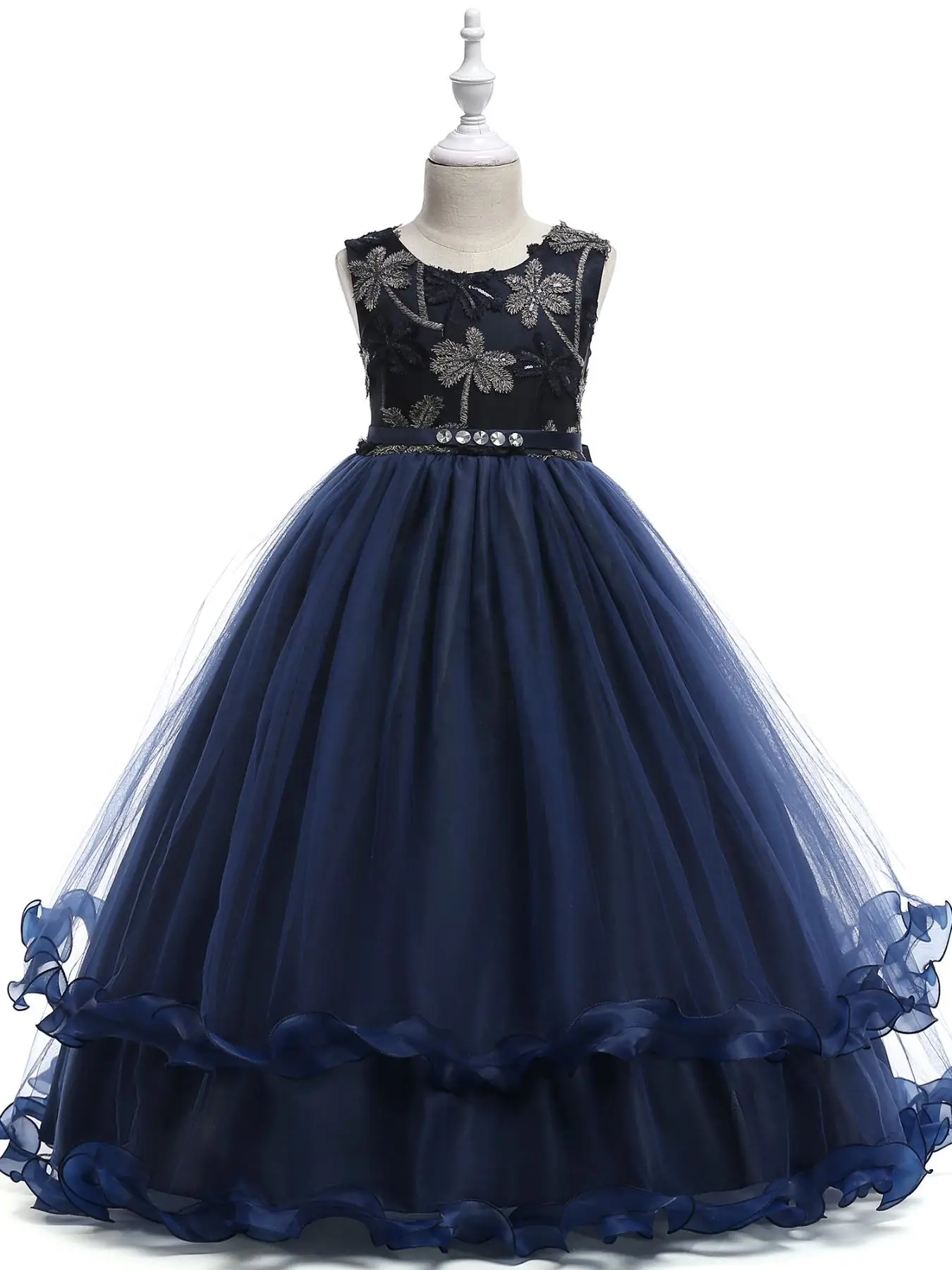 Girl's Embroidery Contrast Sequin Bow Back Tiered Layer Tulle Party Dress, Elegant Round Neck Sleeveless Satin Fit & Flare Dress for Party Performance