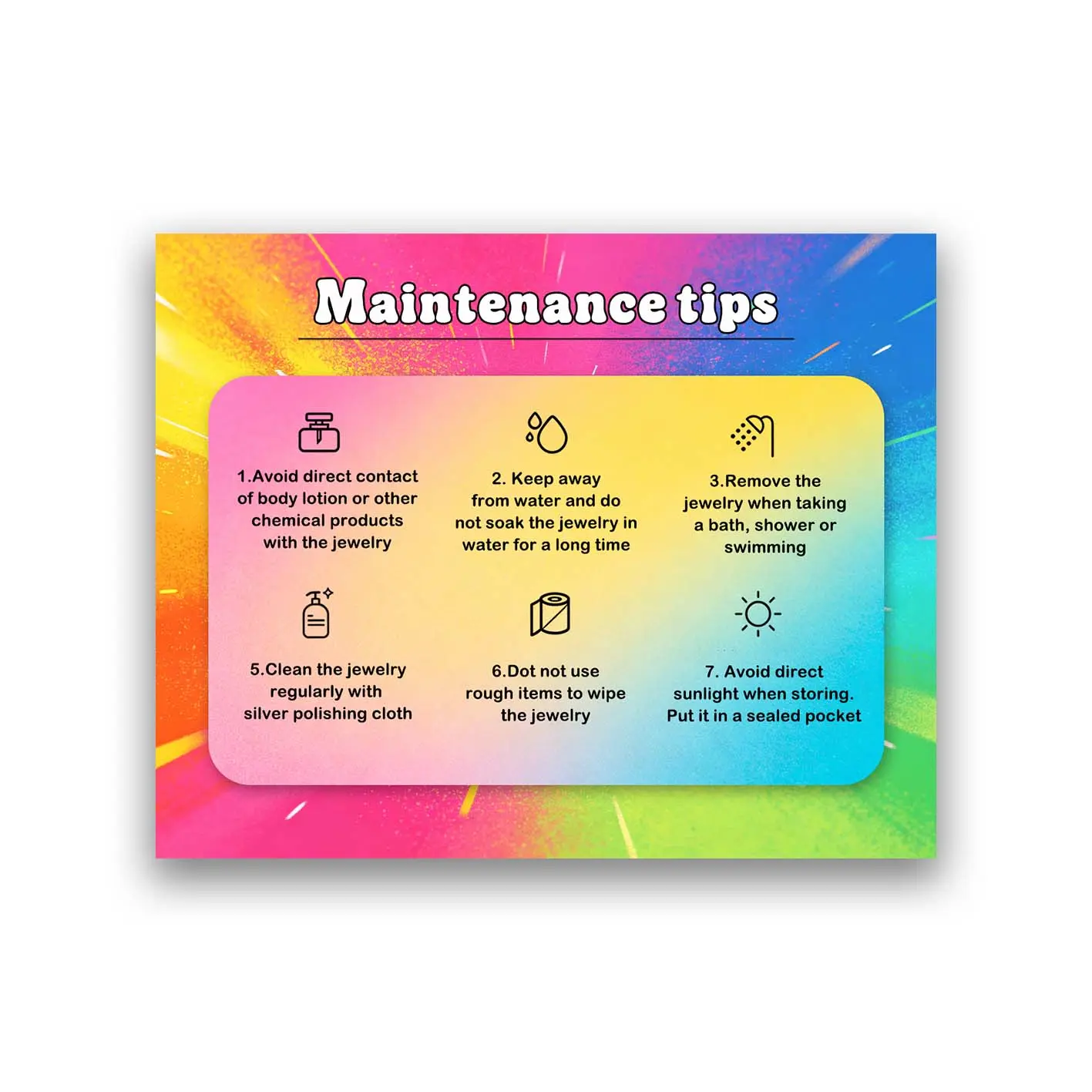 Jewelry Care Instruction Card, Modern PVC Maintenance Guide in a Cinnamon Pattern, Tips to Clean Jewelry Regularly for Everyday Use, Includes 'No' List and How to Avoid Direct Contact of Body Lotion, Everday