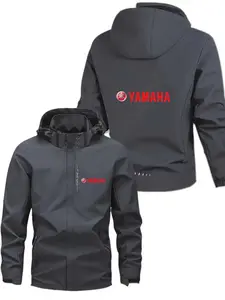 Men's Casual Lightweight Polyester Hooded Jacket with Yamaha Print, Full and Half Zip Front, for Spring & Fall Outdoor Wear