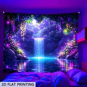 2D Flat Glow-in-the-Dark Tapestry, Neon UV-Reactive Enchanted Forest & Waterfall Wall Decor, UV-Compatible Bedroom Decoration, Adult Bedroom Accessories, Ideal for Dorms & Game Rooms