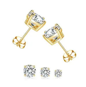 3 Pairs Gold Plated S925 Princess 4,5,6mm CZ Fine Stud Earrings Set Hypoallergenic Round Cut Sparkle Earrings for Women & Men Micro Pave Zircon Geometry Stud Earrings Synthetic Moissanite Solitaire Earrings Magnetic Unisex Clip-On  Cubic Zirconia