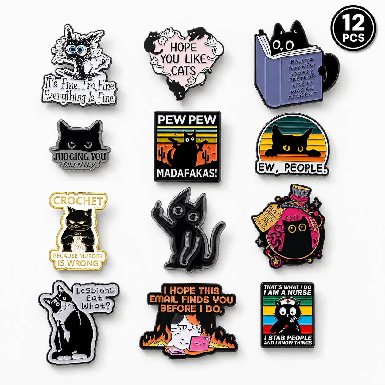 12Pcs Funny Black Cat Enamel Pins Set - Sarcastic Mental Health & Corporate Humor Cat Memes Lapel Pin Badges, Relatable Anti-Social Pins Gift for Nurses, Book Lovers, Crochet Fans & Cat Moms