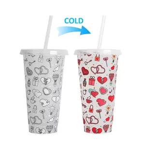 Hearts Color Changing Cup 24oz, 1 Piece with Starw & Lid, Portable Water Bottles, Washable Resuable Drinkware for Outdooe Camping Office School, Valentine Gifts for Her Mug Tumbler