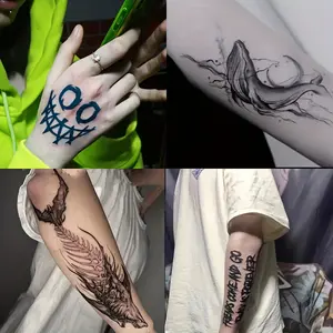 6 Large Herbal Tattoo Stickers, Including English, Whale, Shark and Other Elements, as Well as 2 Random Styles, Lasting for 7-15 Days, the Effect Is Realistic, Suitable for People Who Do Not Want Tattoo Pain
