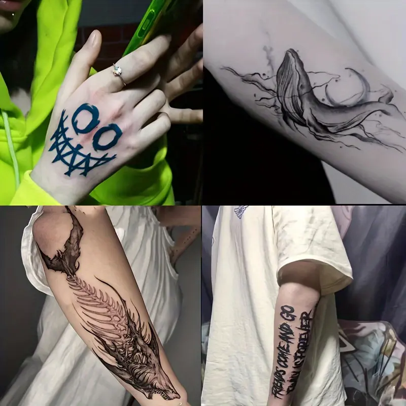 6 Large Herbal Tattoo Stickers, Including English, Happy Face, Whale, Shark and Other Elements, 2 Random Styles, Lasting 7-15 Days, Realistic Effect, Suitable for People Who Are Afraid of Pain and Don't Want to Get Tattoos