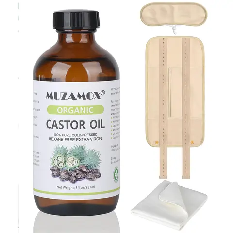 Organic Cold-Pressed Unrefined Castor Oil Set for Adults - 6.0 to 8.9 fl. oz. (237ml) Amber Glass Container, Organic Cotton Neck & Waist Wraps, Non-Toxic Deep Penetration Body Care Oil