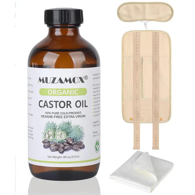 Organic Cold-Pressed Unrefined Castor Oil Set for Adults - 6.0 to 8.9 fl. oz. (237ml) Amber Glass Container, Organic Cotton Neck & Waist Wraps, Non-Toxic Deep Penetration Body Care Oil