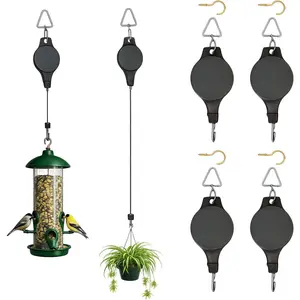 Retractable Plant Hanger, Easy Raise & Lower Plant Pulley with Auto Lock, Adjustable Hook for Hanging Plants, Flower Baskets, Bird Feeders and Garden Pots, Black