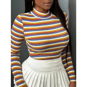 Colorful Striped Turtleneck Long-Sleeved Tight T-Shirt