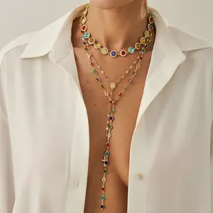 Design Sense Colorful Rhinestone Small Flower Clavicle Necklace Fashion Love Heart Cross Pendant Necklace