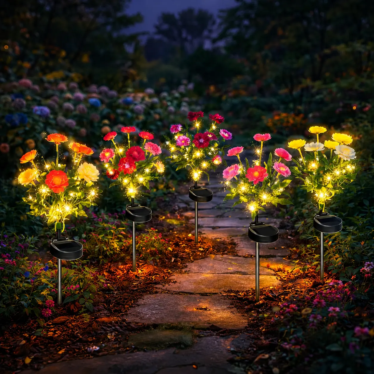 5 Pack Solar Lotus Flower Lights Outdoor, Warm White LED Mixed Color Garden Stake Lights