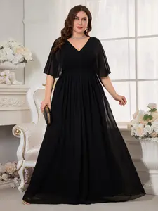 Elegant V-Neck Flared Sleeve Chiffon Waist Cinching Draped A-Line Dress, Bridesmaid Formal Gown for Special Occasions