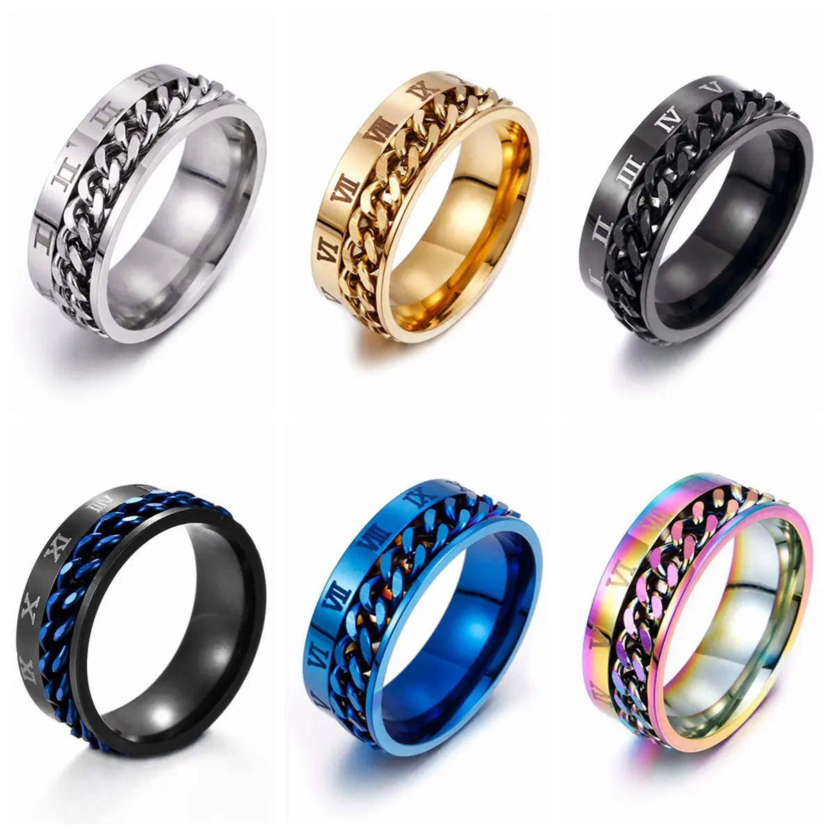 Roman Numeral Rotatable Openwork Artificial Gemstone Ring Set - Stress Rings, Stackable, Rotating Chain, Personalized Versatile Design, Casual Trendy Hand Jewelry, Stackable Ring