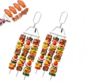 14" Stainless Steel 3-Prong Grilling Skewers with Push-Off Slider, 2-Pack Reusable Metal Kabob Skewers, BBQ Utensils for Meat, Vegetables