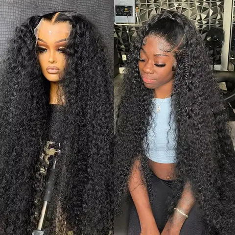 BLING HAIR 38in 13x6 Kinky Curly Deep Wave Remy Human Hair Wig for Black Females, HD Transparent Lace Frontal, Pre-Plucked, Dye & Bleach OK, Silky, Adjustable Durable Cap, Heat Resistant for Daily Wear, Curly Human Hair Wig