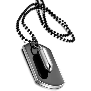 Dog Tag Pendant Necklace： Bullet Pendant Punk Military Style Men Stainless Steel Necklace
