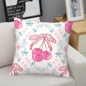 Coquette Pink Cherry Bow Throw Pillow, Cute Cushion, Pastel Accent Pillow (Includes Pillow Core), Sweet Cherry Print for Teen Girls, Perfect Bedroom & Sofa Decor